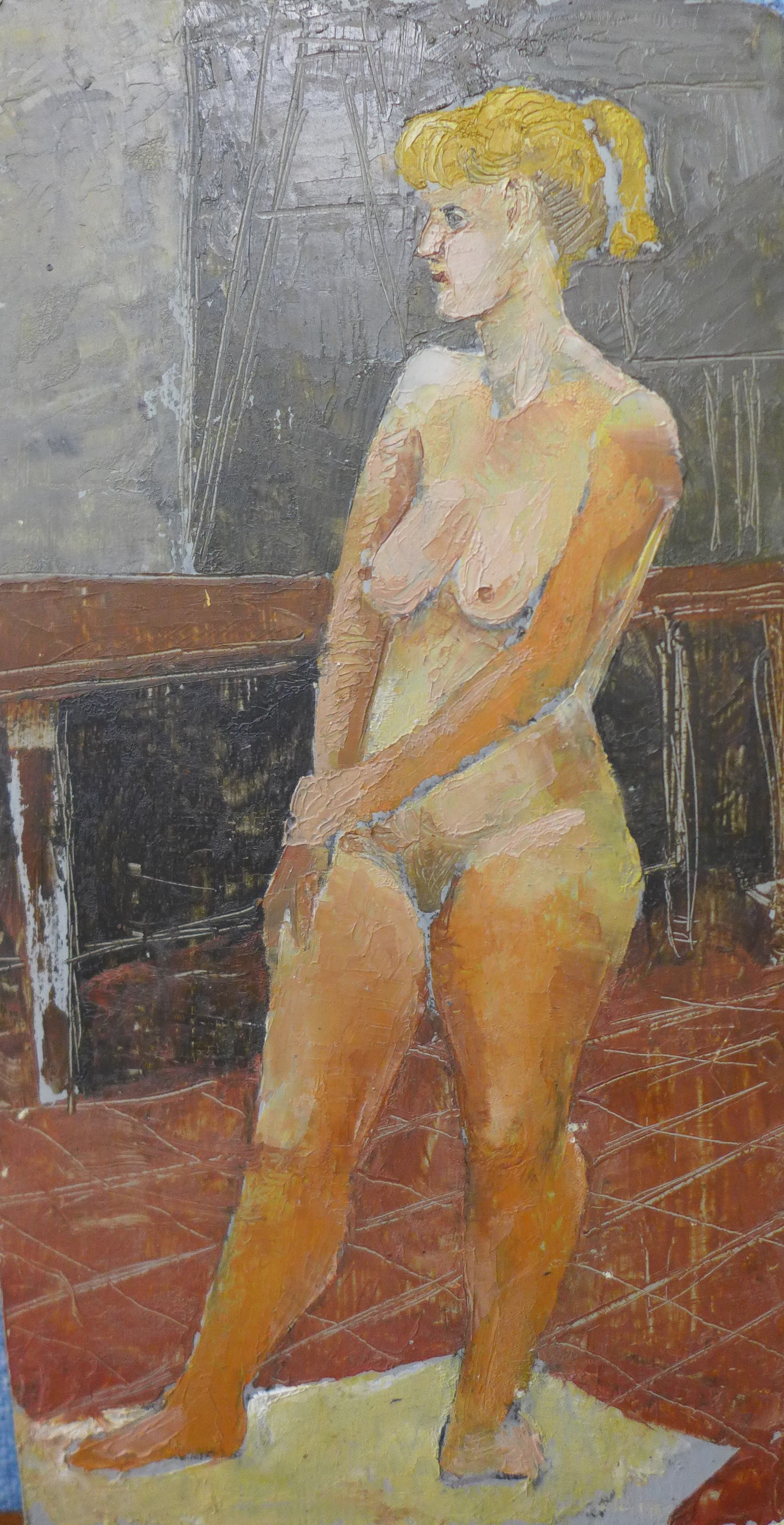 British School (20th Century), portrait of a female nude, oil on board, 30 x 16cms, unframed