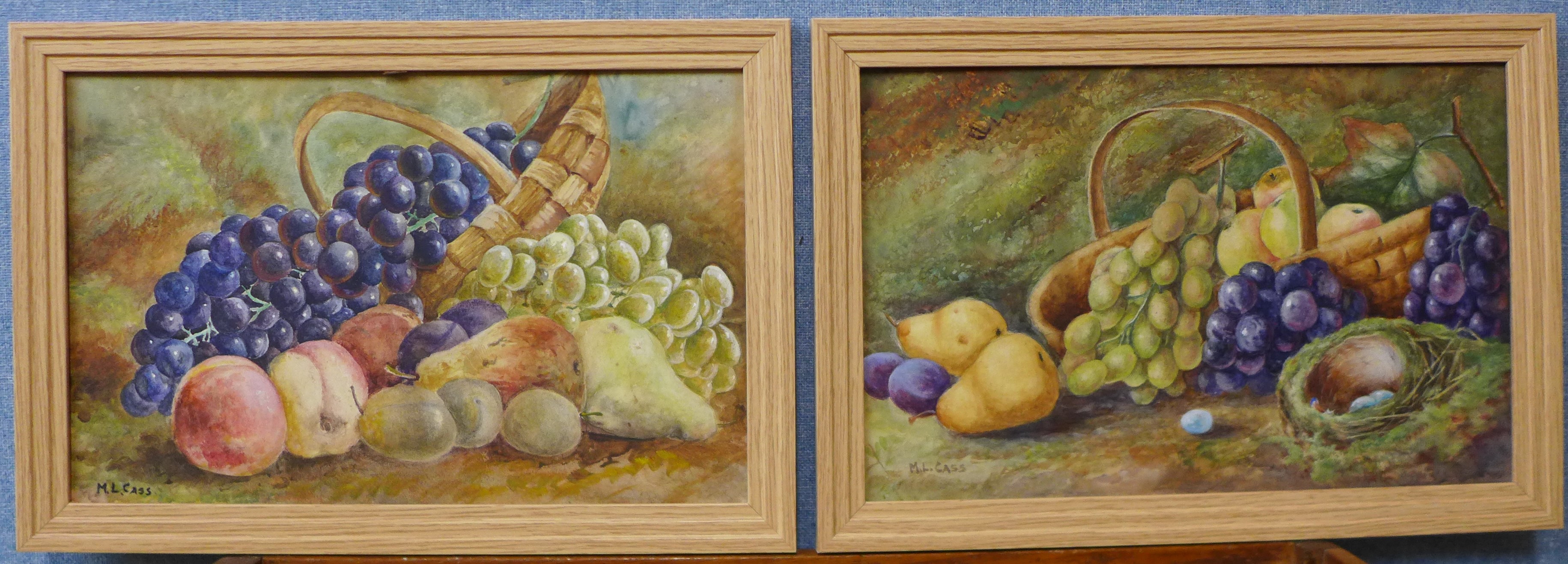 M.L. Cass, pair of still life's of fruit, watercolour, 27 x 42cms, framed - Image 3 of 4
