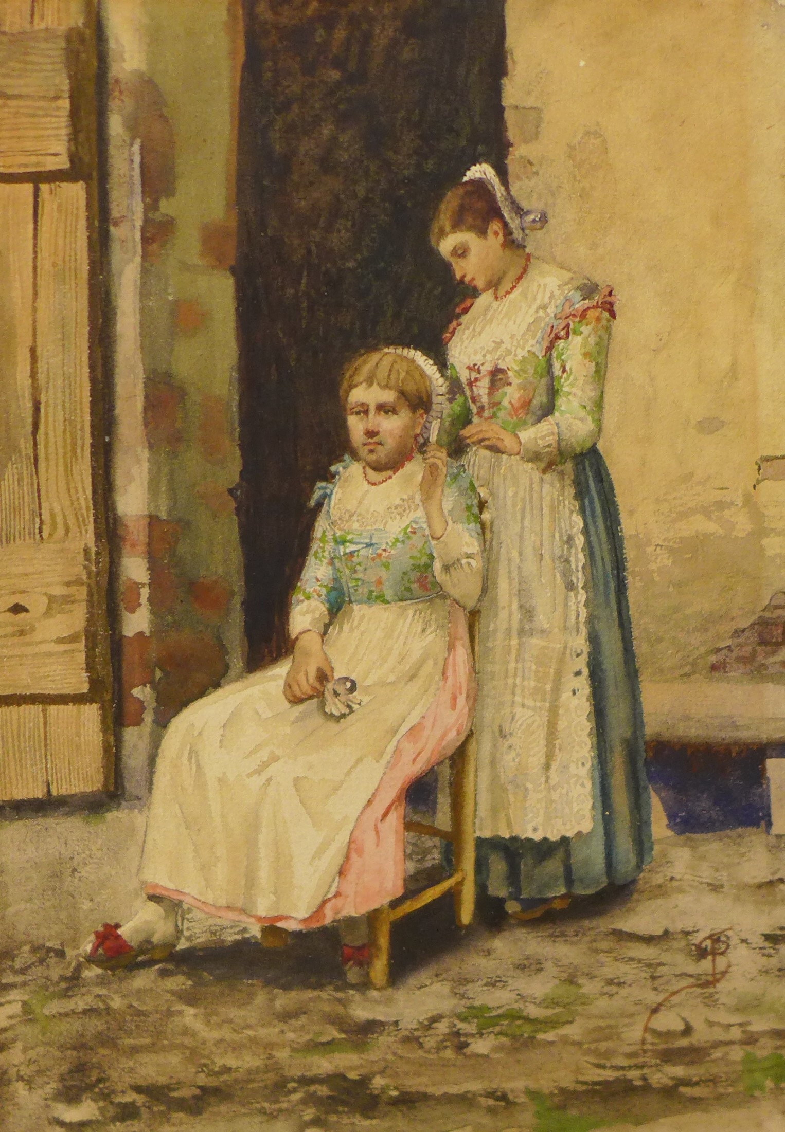 English School (19th Century), portrait of two girls, watercolour, mongrammed bottom right, 29 x