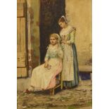 English School (19th Century), portrait of two girls, watercolour, mongrammed bottom right, 29 x