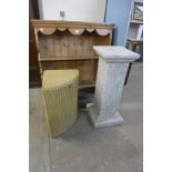 A painted wooden pedestal, pine dresser top and a Lloyd Loom linen basket