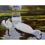 George Elliott, Swans on a Lake, oil on board, dated 1926, 30 x 39cms, framed