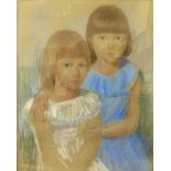 British School (Mid 20th Century), portrait of two young girls, pastel, indistinctly signed, 63 x