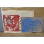 R. McDonald, six screen prints including Riot In Northern Ireland, '72 and a mounted drawing