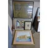 Assorted watercolours, a mirror, a print, etc.