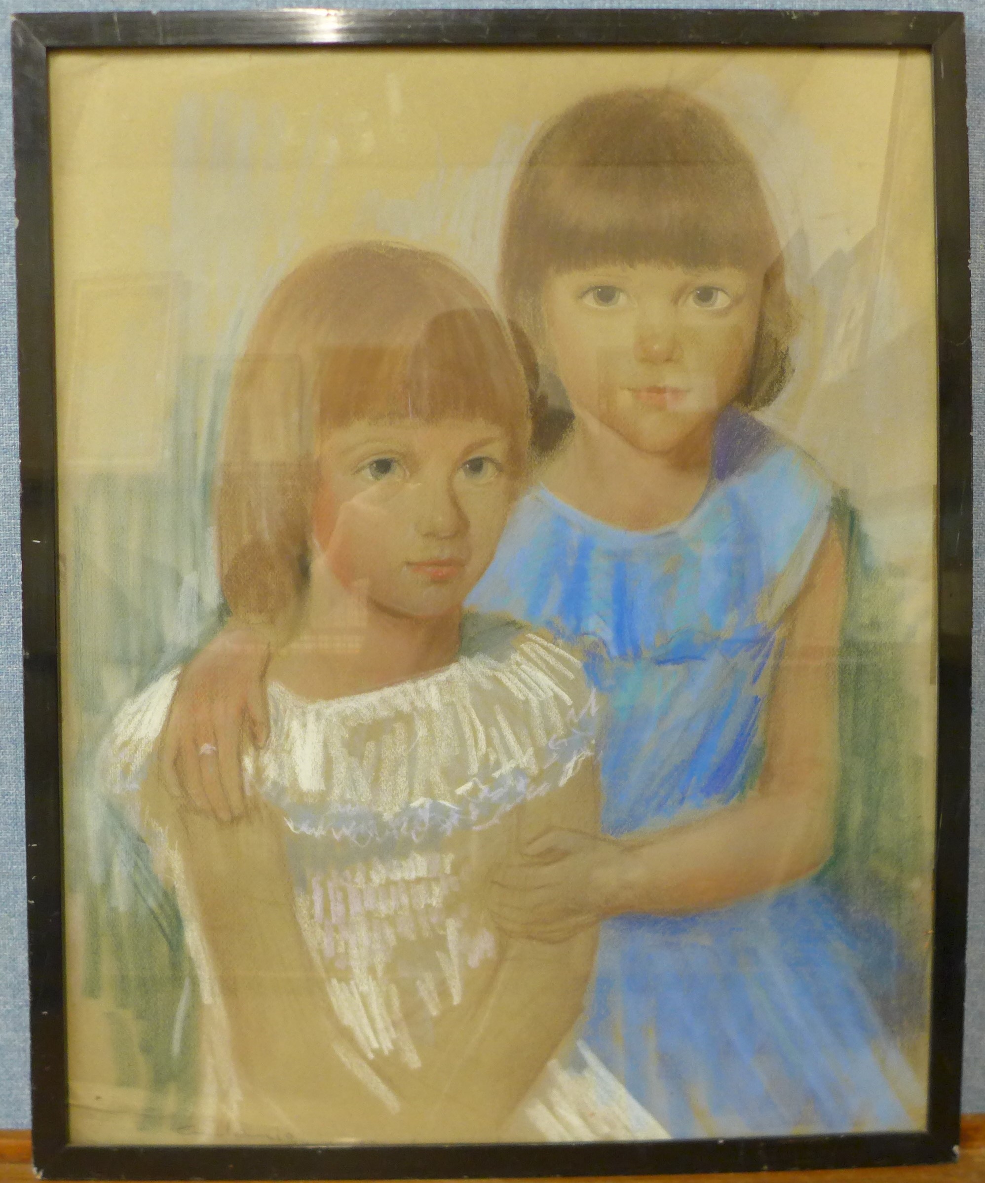 British School (Mid 20th Century), portrait of two young girls, pastel, indistinctly signed, 63 x - Bild 2 aus 3