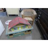 A pair of metal folding garden chairs, a spark guard, cast iron bench ends, an oil can, etc.