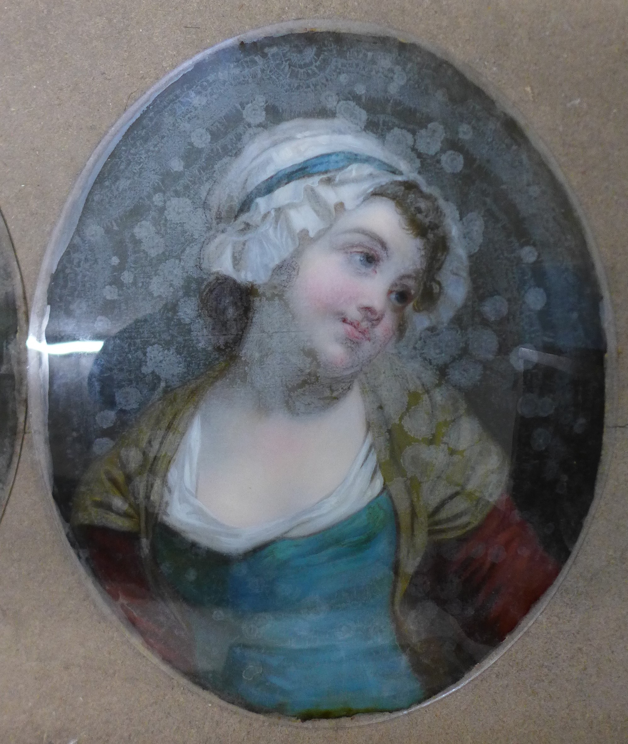 English School (19th Century), pair of oval portraits of girls, oil on canvas laid on glass, 45 x - Image 3 of 3