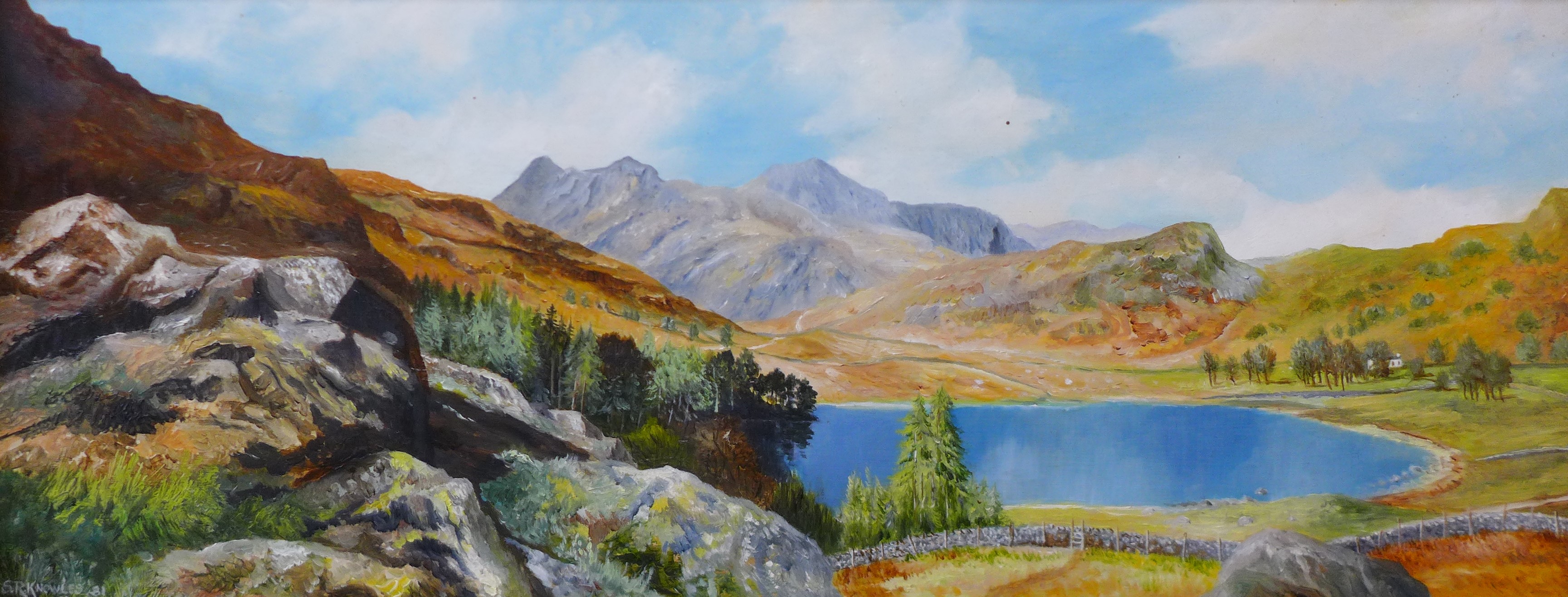 S.R. Knowles, The Langdale Pikes, From Above Blea Tarn, Cumbria, oil on board, 28 x 74cms, framed