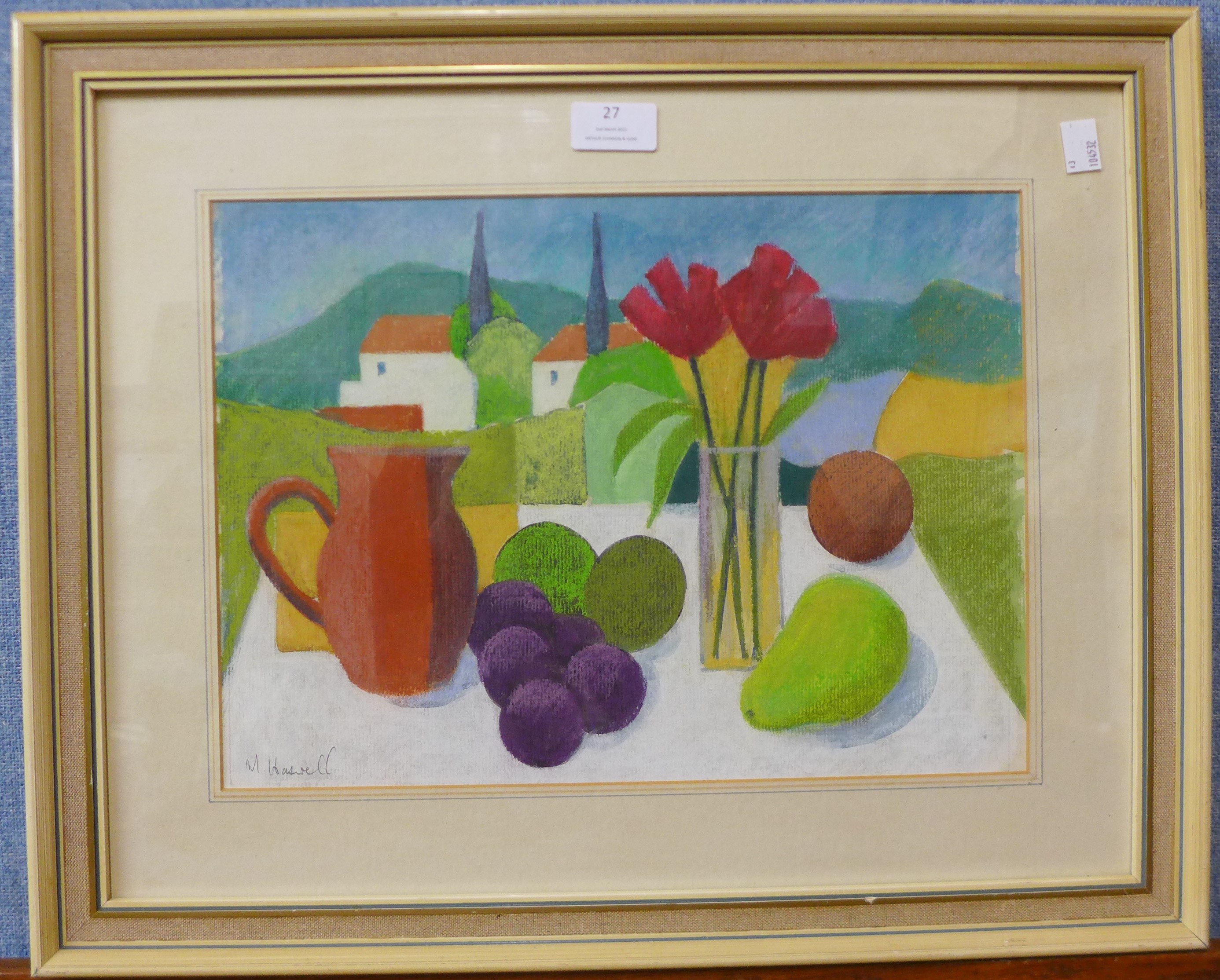 Michael Haswell, still life of fruit and flowers, mixed media, 26 x 37cms, framed - Image 2 of 2