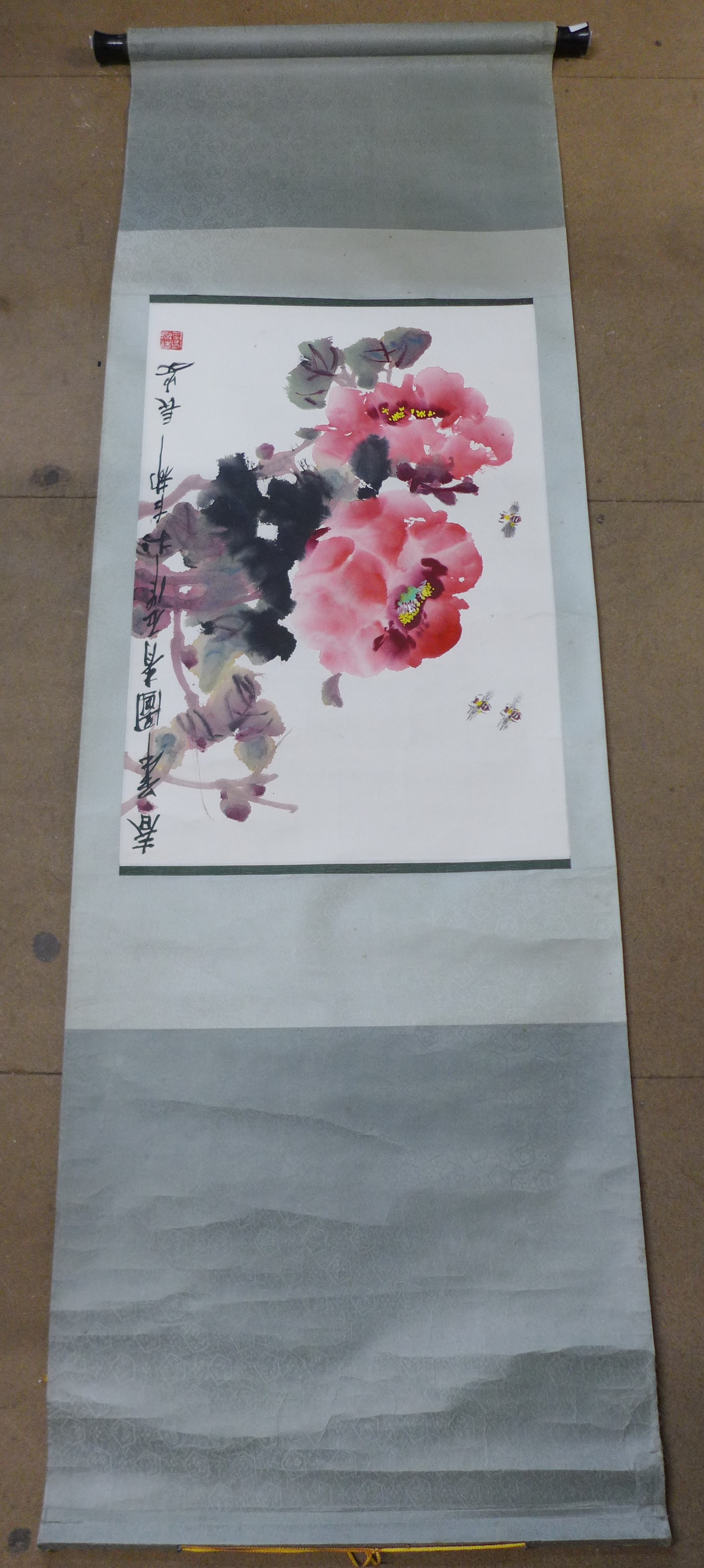 A Chinese scroll, still life of flowers, watercolour, 157 x 52cms - Image 2 of 2