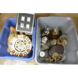 A box of resin animal figures and a box of mixed china, glass, including a Royal Crown Derby 1128