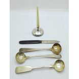 Three 19th Century silver mustard spoons, including one Scottish silver, 27.8g, a Georgian silver