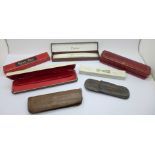 Seven pen boxes and cases including one Cartier, fastener a/f