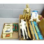 A collection of Star Wars character figures, annuals, a home made Beano cover clock, seven model