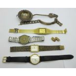 A silver ID bracelet, 59g, four wristwatches, a strainer marked 800 and a single cufflink, (