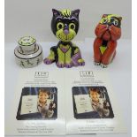 Two Lorna Bailey cat figures and one other Lorna Bailey piece, all signed Lorna Bailey plus two