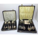 Two sets of six silver spoons, total weight 190g
