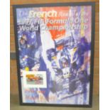 A large framed poster of the 1997 F1 French Grand Prix with a mounted signed photograph of winner,