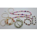 Freshwater pearl set jewellery, eight bracelets and a necklace