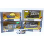 Five Corgi Classics model vehicles; AEC 508 Cabover, Bedford OB Coach, Thornycroft 'J' Bus, Morris