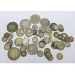 A collection of silver coins;-pre 1920 including 19th Century, 133g, and 1920 to 1946, 64g, some a/f