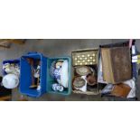 Five boxes of assorted items, oil lamp, Barclay's dictionary, blue and white china, etc. **PLEASE