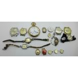 Wristwatch heads, movements and a Vertex pocket watch movement, (no case back to the Vertex)