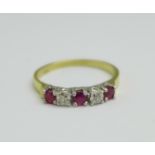 A 14ct gold, ruby and diamond ring, 2.3g, P