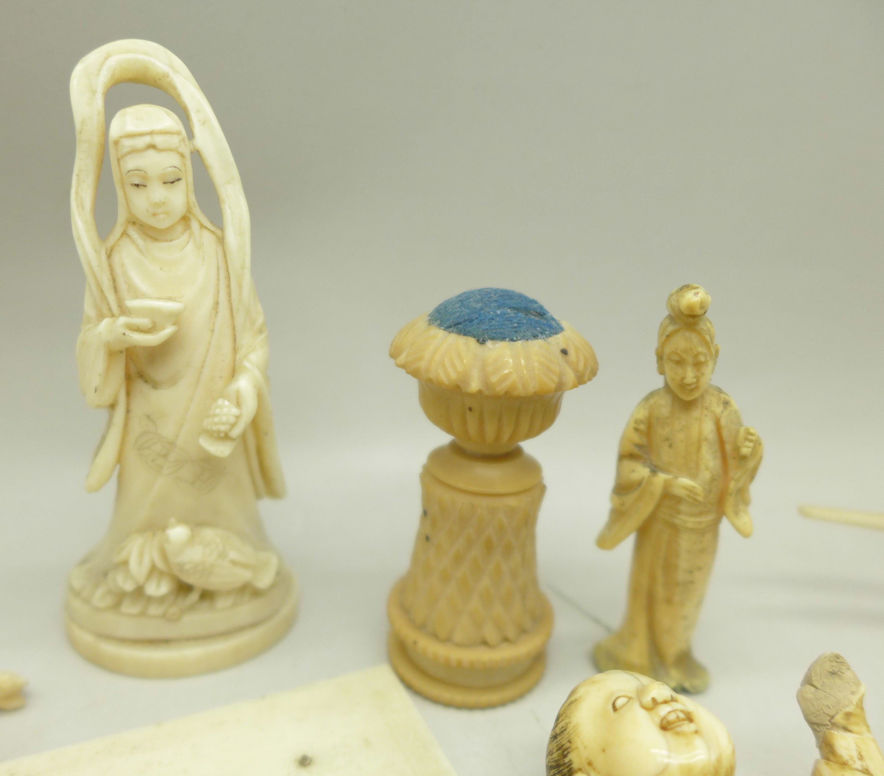 An early 20th Century carved ivory figure, a/f, a carved carriage with two figures, other carved - Image 4 of 7