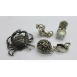 Five silver miniatures, chair, crab, dog, hedgehog and swan, height of chair 24mm