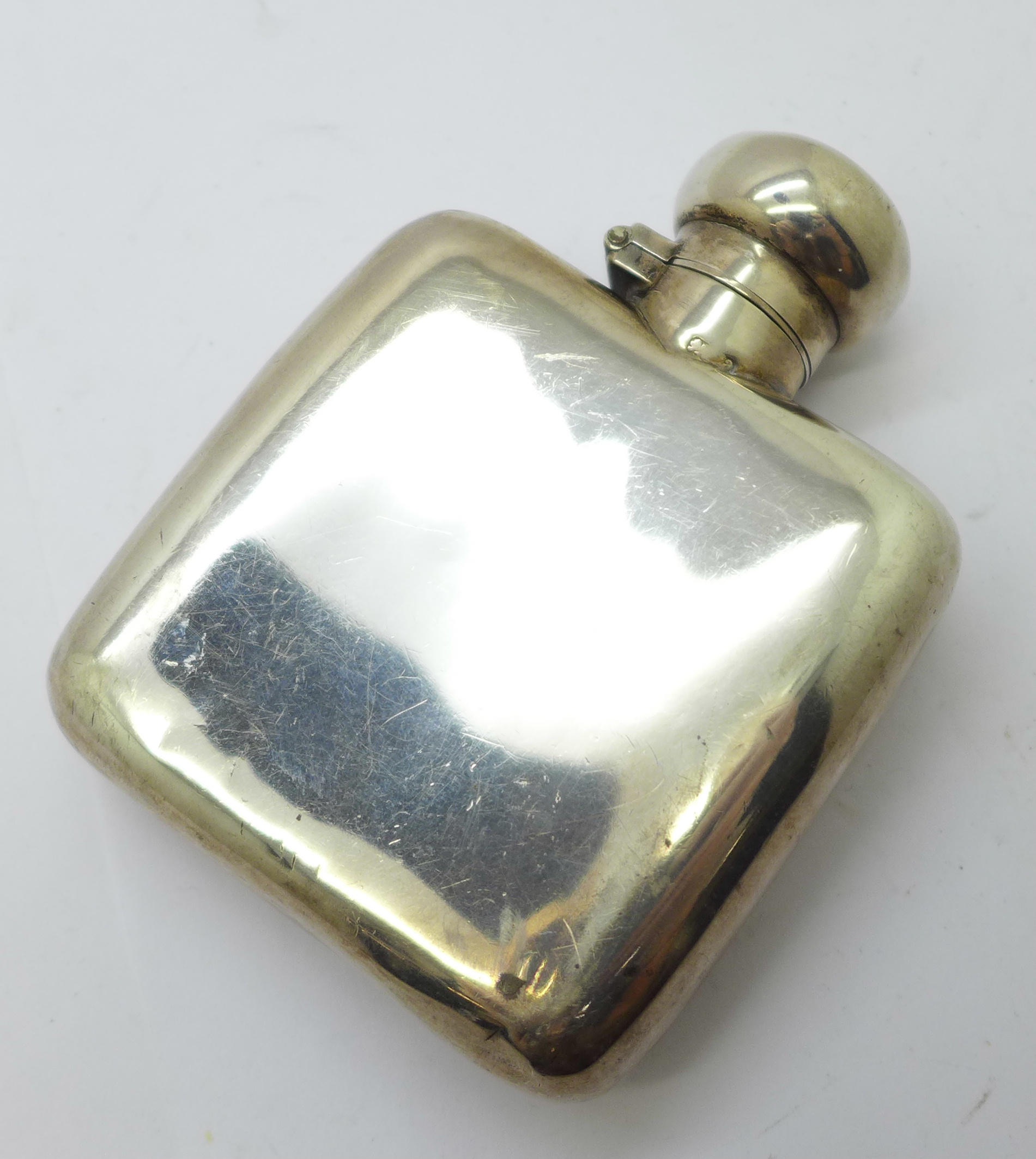 A small silver flask, Birmingham 1900, with inscription dated 1902, 81g, height 93mm, some dents - Image 2 of 5