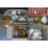 A copper warming pan, a box of glass and china vases, Meakin part teaset, teapot a/f, box of mixed