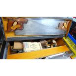 A collection of tools in a pine tool chest including two Henry Disston, U.S.A., saws, Record 4½