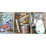 Assorted glassware, treen, china, two brass tankards, etc. (3 boxes) **PLEASE NOTE THIS LOT IS NOT
