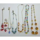 Six necklaces including Art Deco and two pairs of earrings, (one chain requires repair)