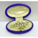 A 15ct gold, pearl and enamel brooch, boxed, 7.4g, 49mm