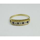 A gold, sapphire and diamond ring, 1.5g, Q