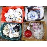 Four boxes of china and glass, including a c.1900 teapot, two other teapots, Meakin dinnerware, a