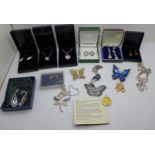 Jewellery including a silver pendant and chain, butterfly brooches, etc.