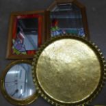 A large brass tray/table top and three mirrors **PLEASE NOTE THIS LOT IS NOT ELIGIBLE FOR POSTING