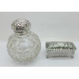 A silver topped rectangular hobnail cut glass dressing table pot, and a silver topped globular glass