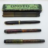 Five Onoto De La Rue pens, two c.1920 self-filling, boxed, and three c.1940's, black lever, marble