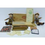 Two Norah Wellings sailor dolls, a Hobbies Galleon kit, two word puzzles, a small wooden pencil case