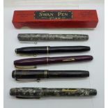 Five pens; Swan, boxed, Waterman's W2, The Nova Pen, Conway Stewart 15 and National Security, four