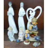 Two Goebel figures, smallest a/f, two bisque figures, three other figures, (one a/f), a gemstone