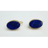 A pair of yellow metal and lapis lazuli earrings, 5.4g, (fasteners require adjusting)