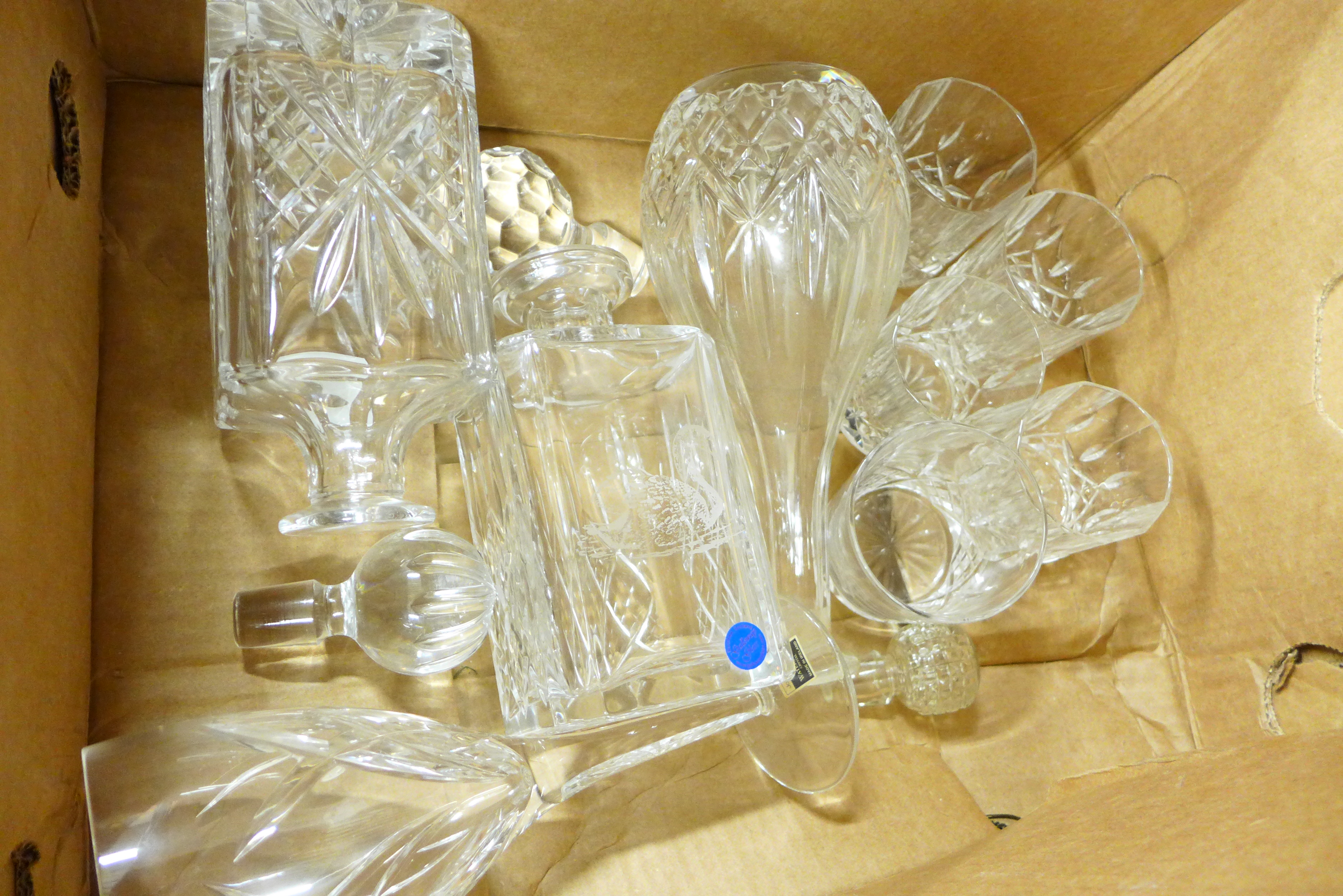 Two boxes of crystal and glass, including decanters, whisky tumblers, bowls, etc. **PLEASE NOTE THIS