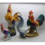 A Beswick No. 1892 model Leghorn, small chip, and three other model cockerels, Herend 5032, Royal