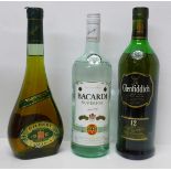 A one litre bottle of Glenfiddich whisky, 12 years old, a bottle of Bacardi and a bottle of